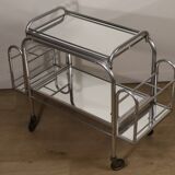 Desserte roulante vintage années 70 en métal chromé et verre miroir