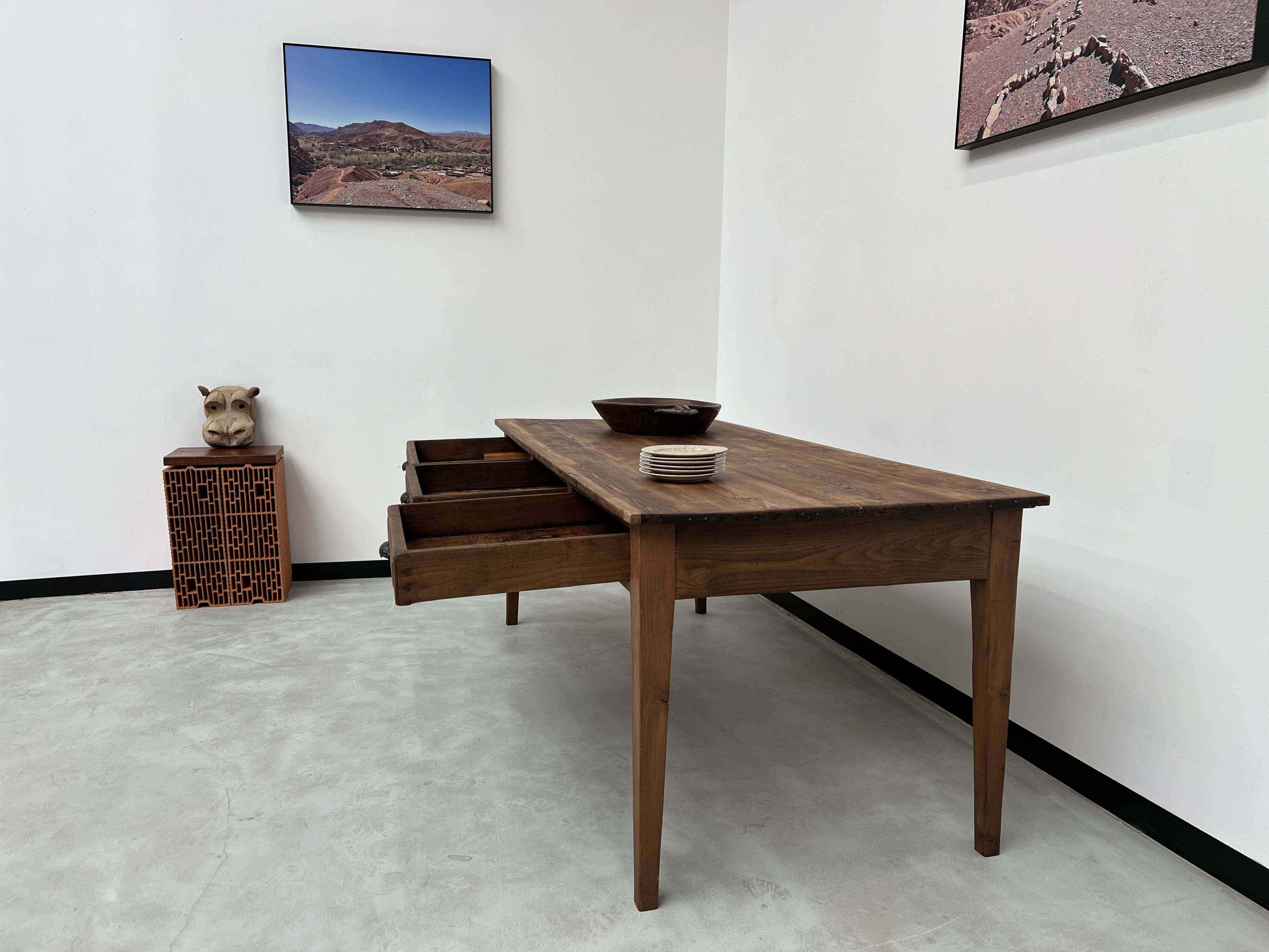 Antique farm table, fully restored, with 3 drawers
