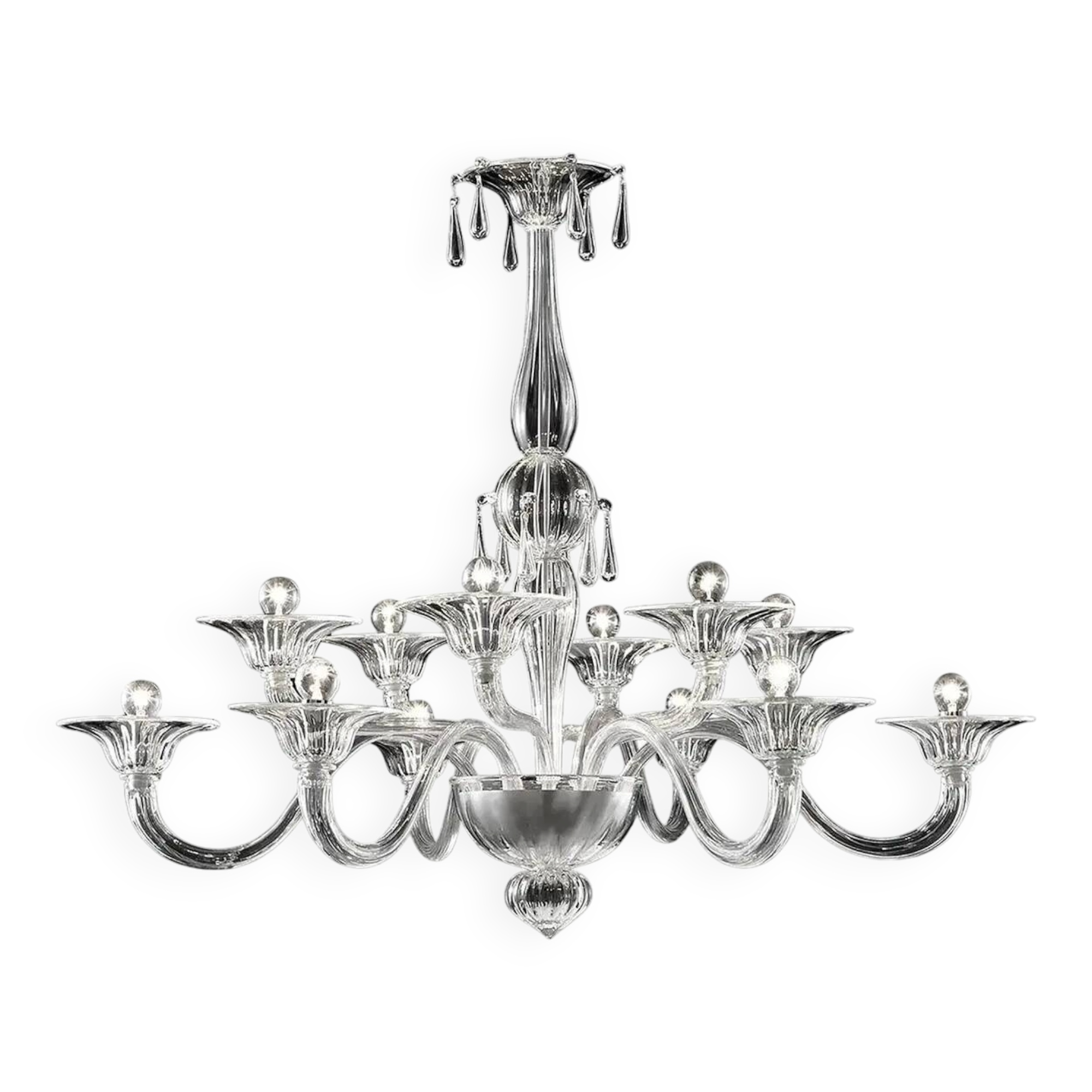 Chandelier en verre de Murano vénitien transparent de luxe