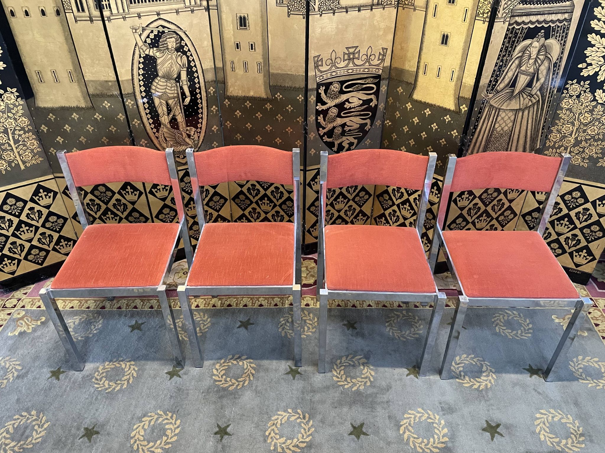 Suite of 4 velvet and chrome chairs 1970