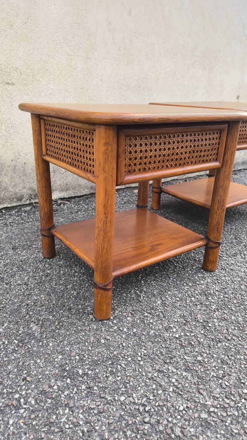 Pair of rattan and wood bedside tables from the 80s