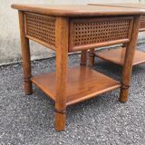 Pair of rattan and wood bedside tables from the 80s