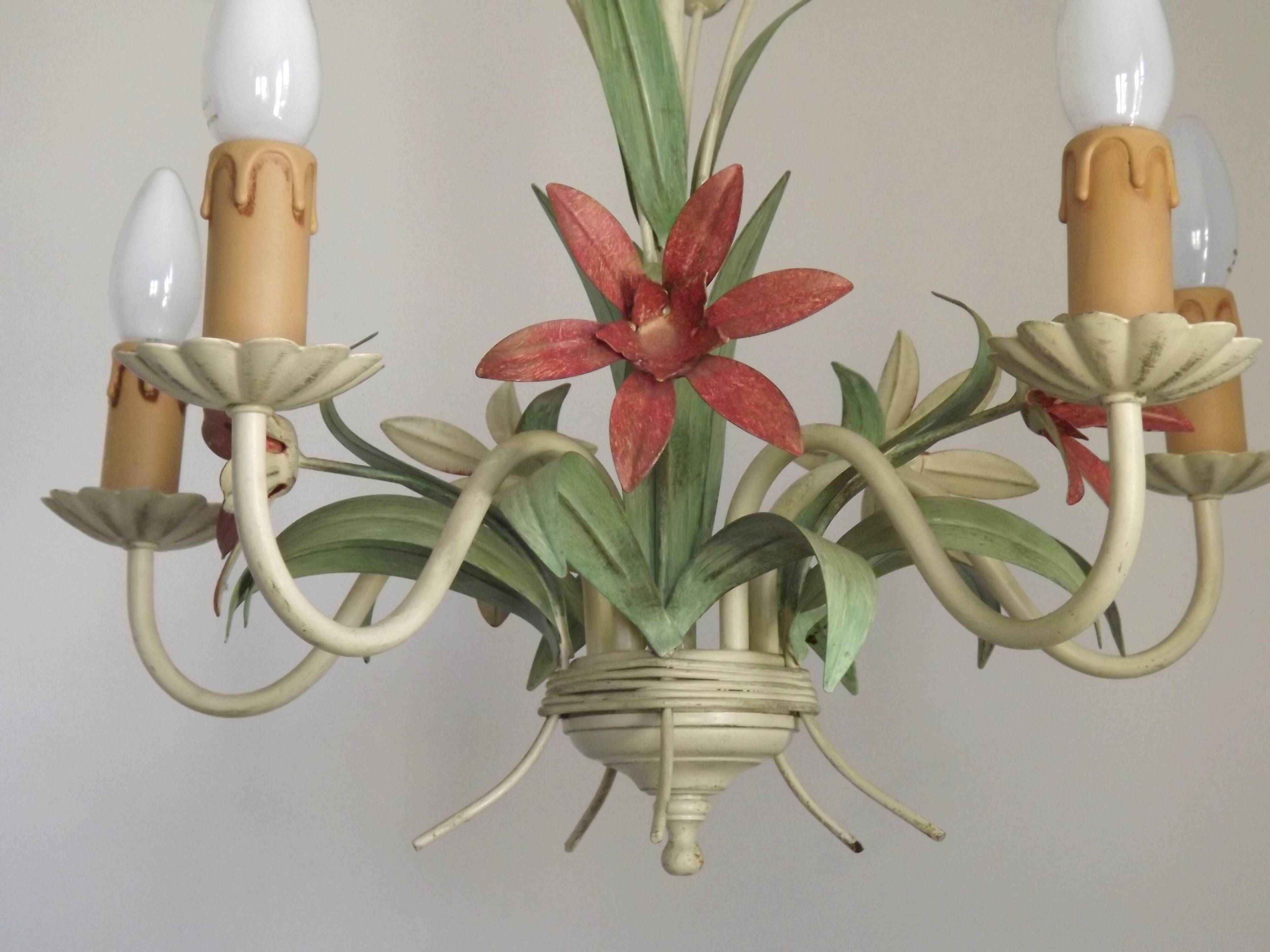 5 Light Vintage Italian Chandelier, Mathias Metal Bouquet, Pink Flowers