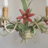 5 Light Vintage Italian Chandelier, Mathias Metal Bouquet, Pink Flowers