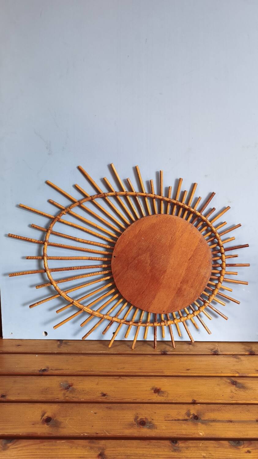 Asymmetrical sun mirror in rattan - vintage 1960s