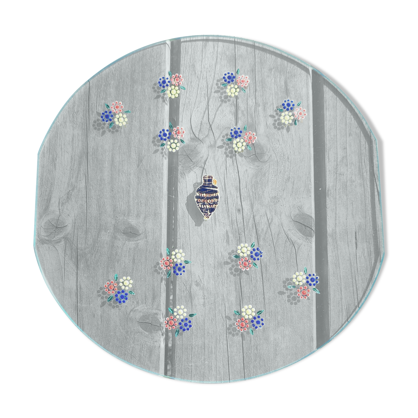 Vintage glass platter – Cold enamel floral painting "Handmade"