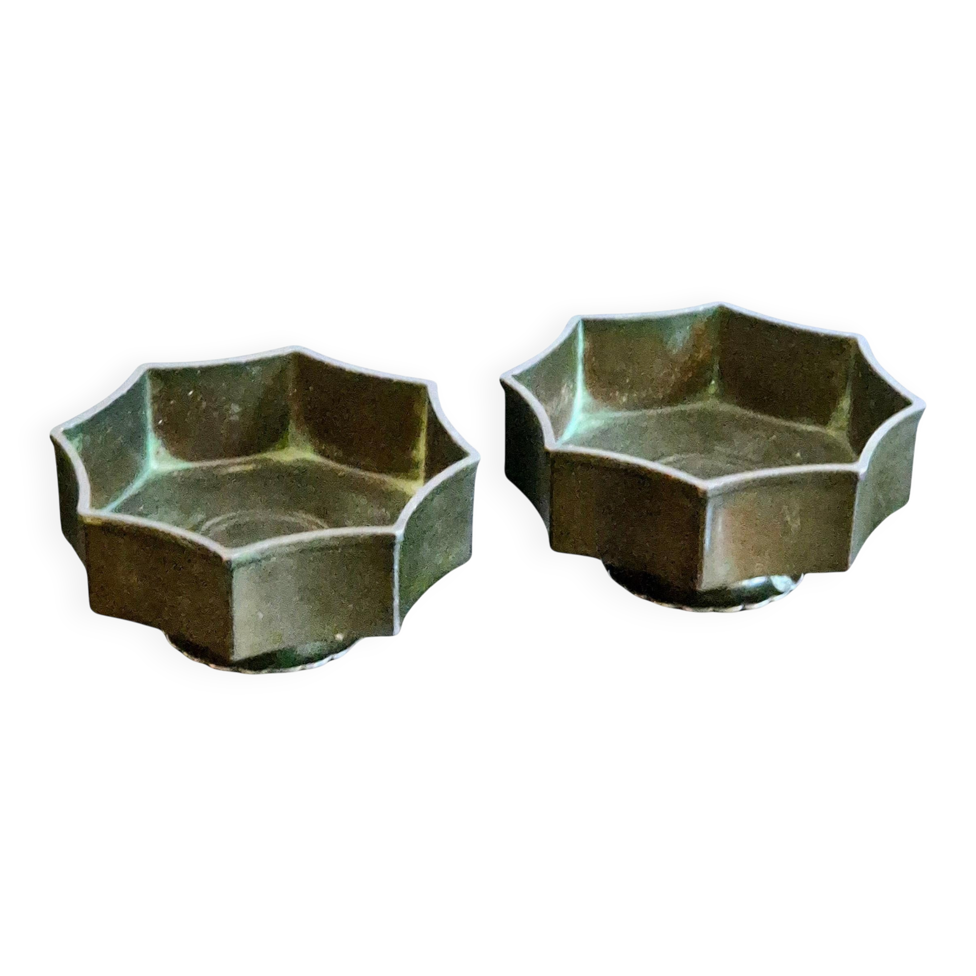 Pair of bowls/candle holders Just Andersen in metal Disko, Danish Grace