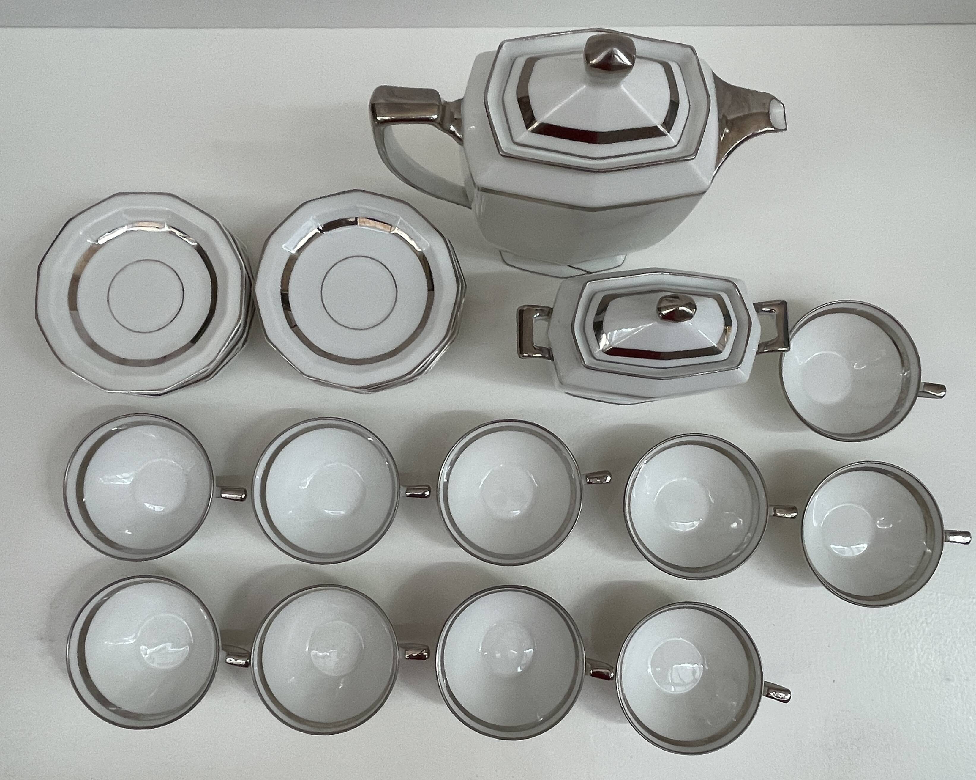 Art Deco service, porcelain with platinum, Kintsugi restoration.