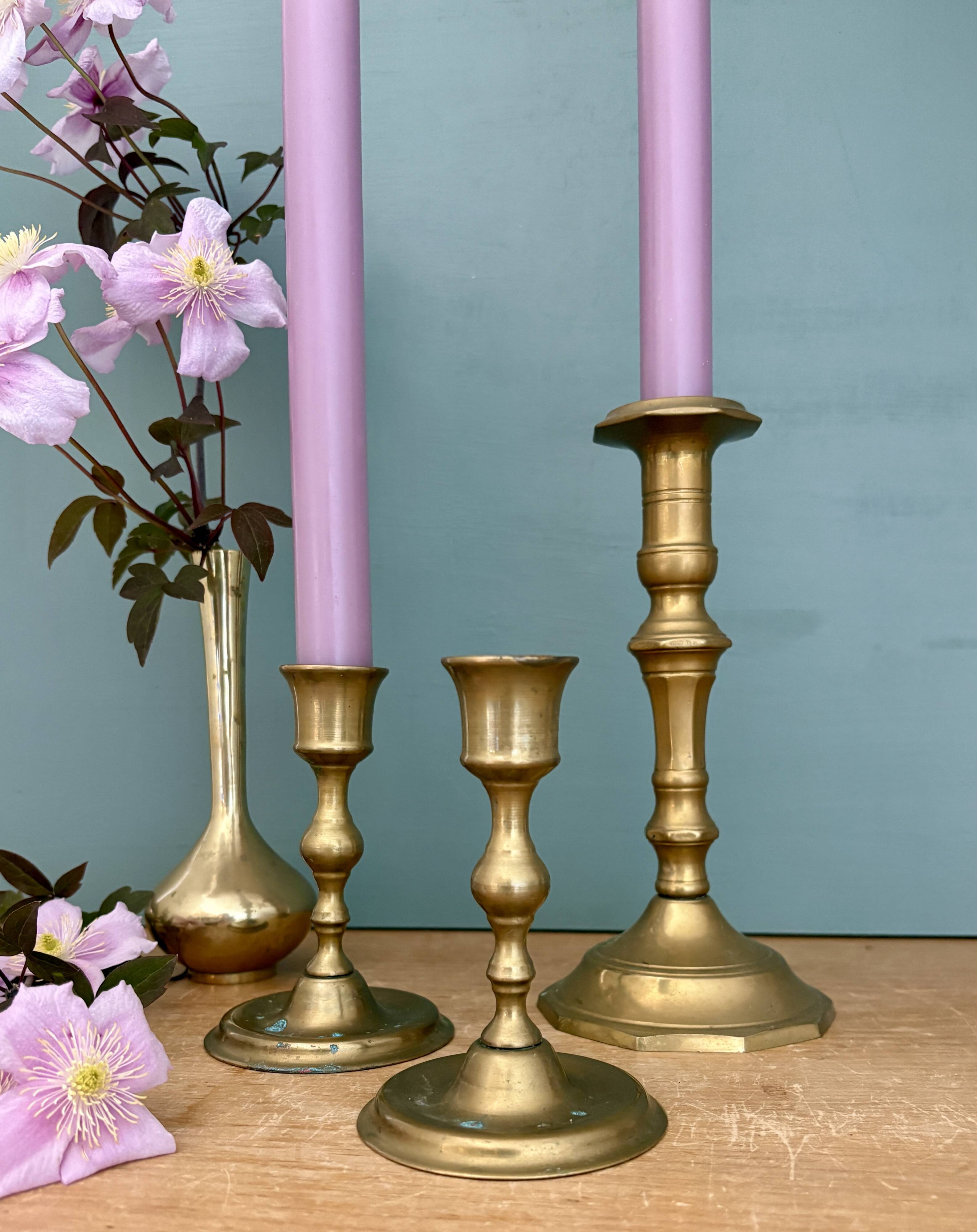 Set of 3 antique brass candle holders/candelabra.