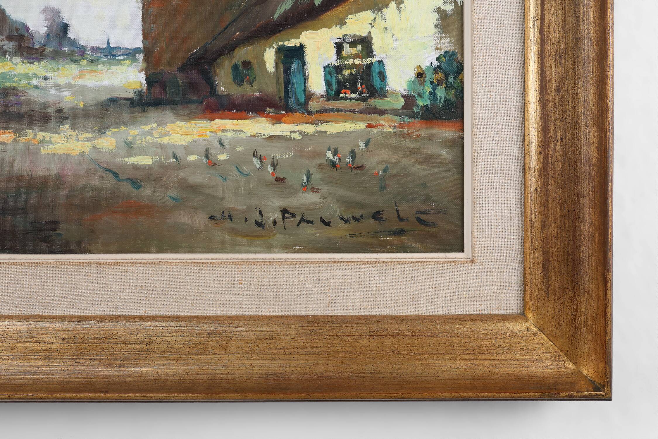20th Century Belgian Painting of a farm scene with gilded wooden frame