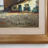 20th Century Belgian Painting of a farm scene with gilded wooden frame