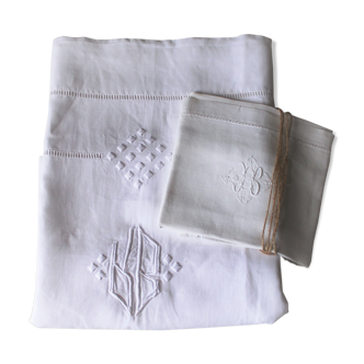 Drap & taie oreiller anciens en lin brodés main