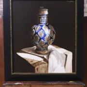 Still life with blue Westerwald jug, pewter lid – Marjolein van den Berg