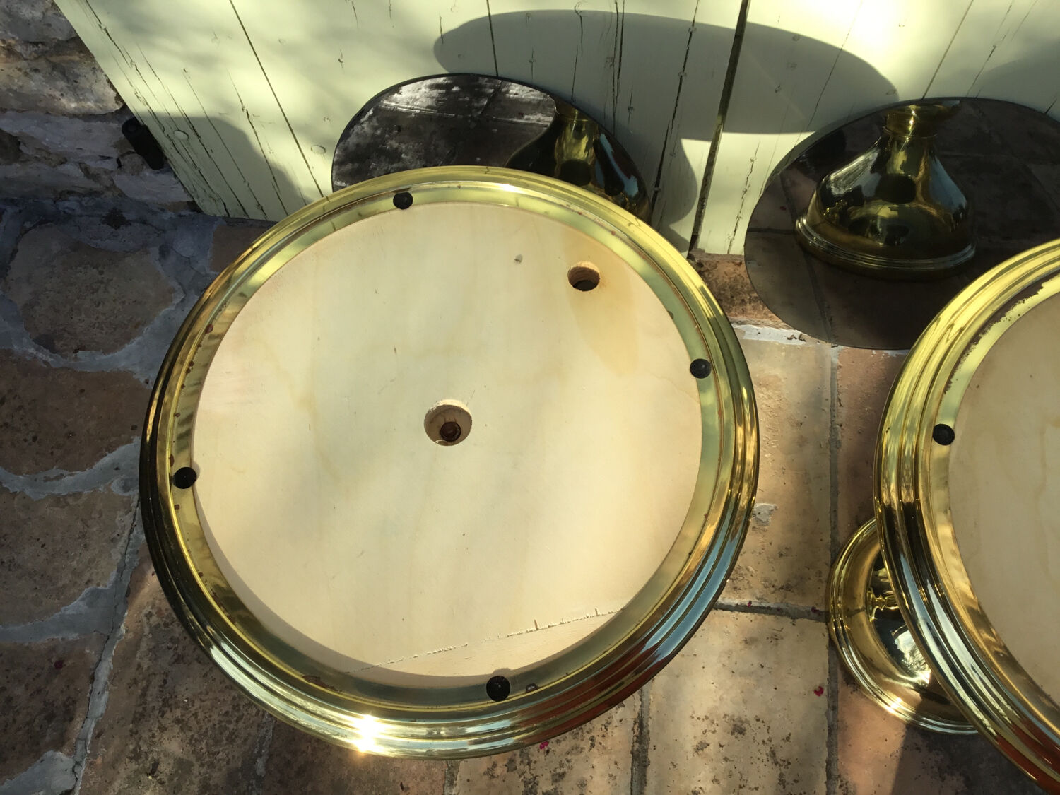 Pair of coffee tables gilded metal smoked glass top