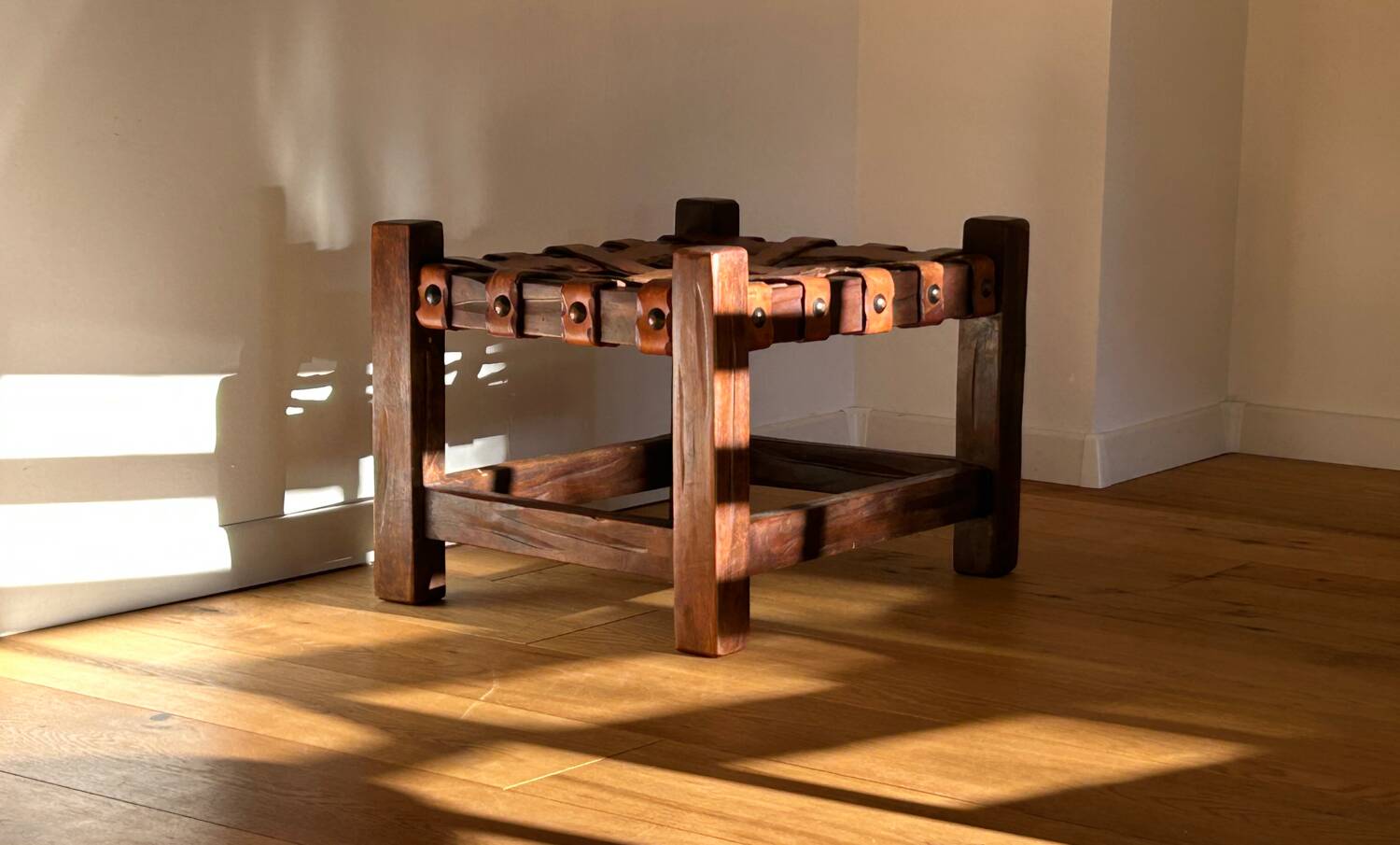 Wooden Brazilian Brutalist Leather Foot Stool Pouf