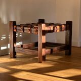 Wooden Brazilian Brutalist Leather Foot Stool Pouf