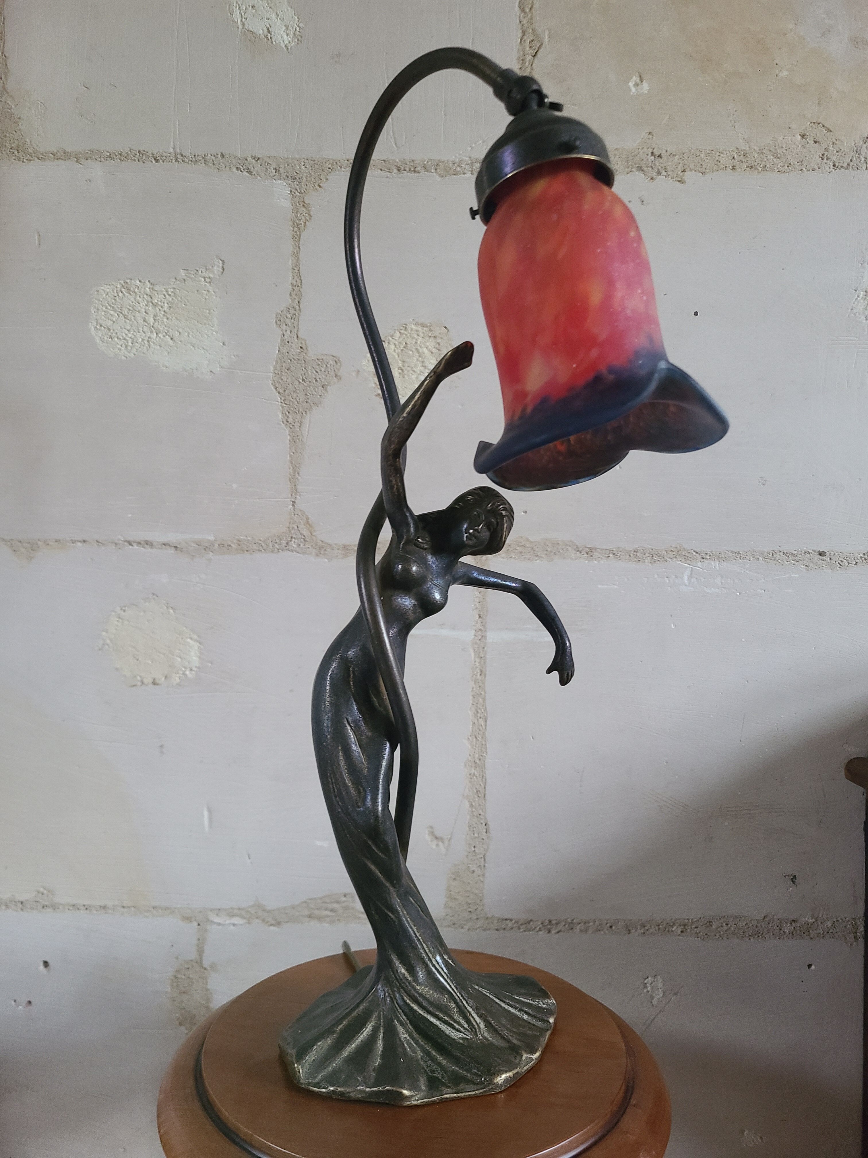 Art nouveau bronze lamp and glass paste