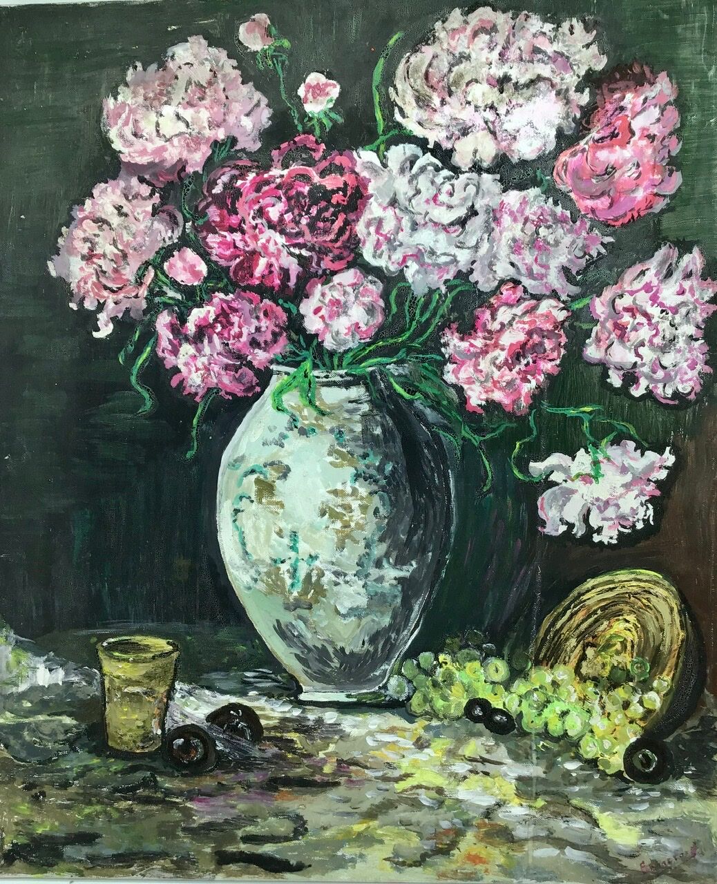 Painting, still life with carnations, glass and basket of grapes, signed, 70s/80s