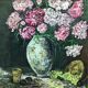 Painting, still life with carnations, glass and basket of grapes, signed, 70s/80s