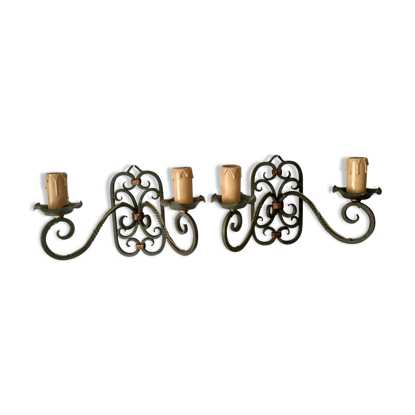 Pair of old wrought iron sconces patina green and gold - 2 lights