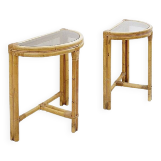 Pair of mid-century italian half-moon bamboo and smoked glass console tables