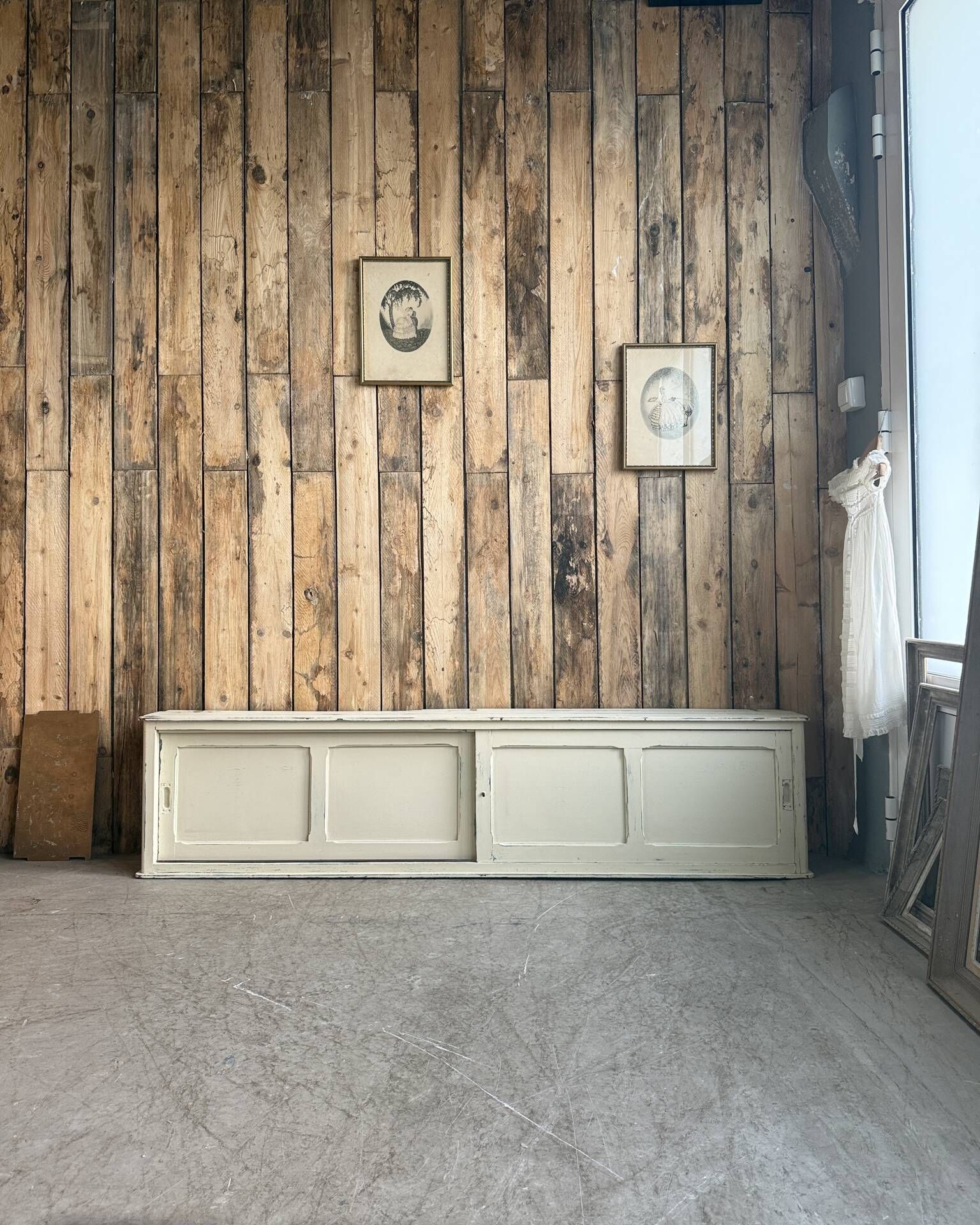 Vintage patinated work cabinet with sliding doors (renovated)