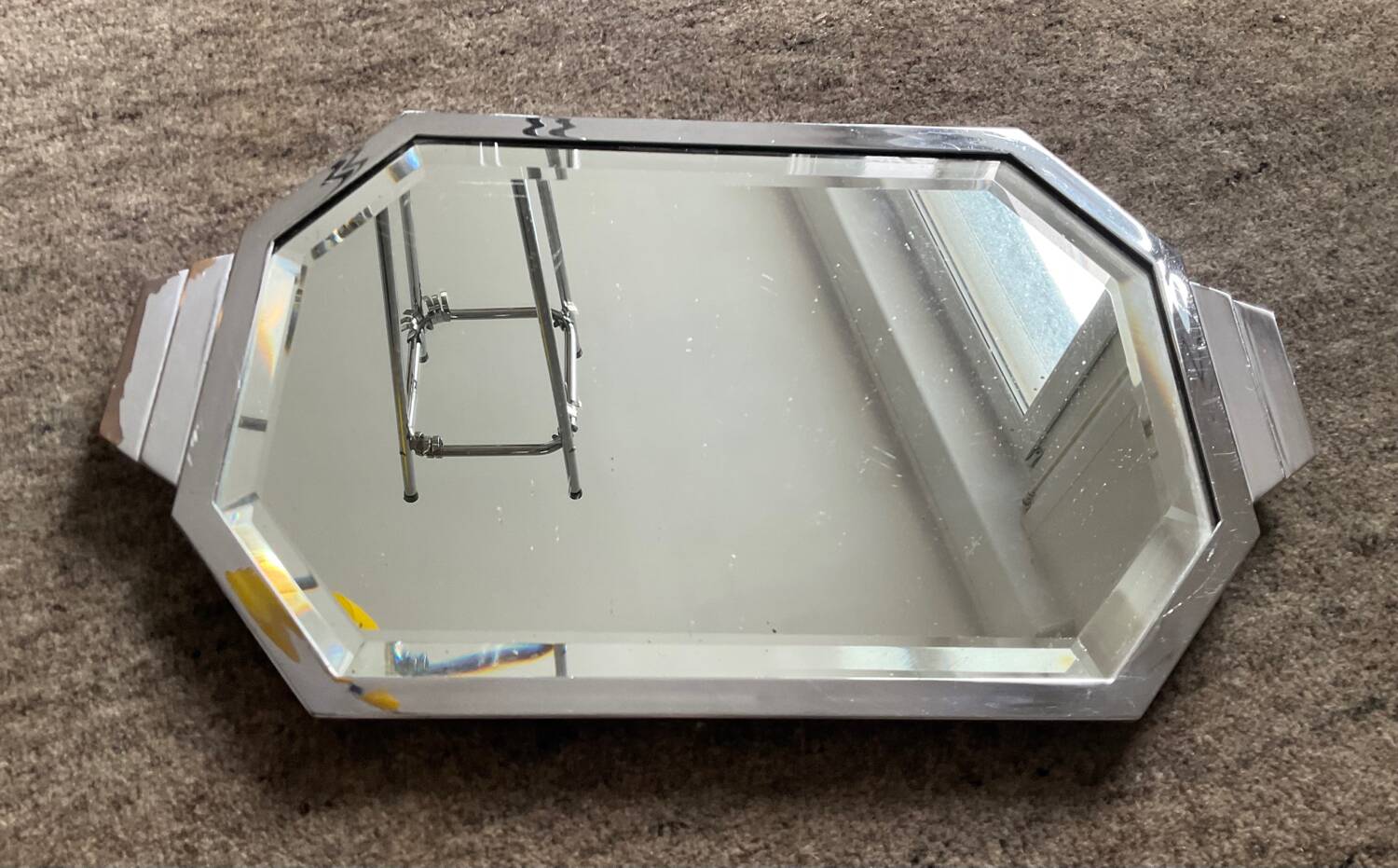 Plateau Art Déco miroir biseauté et laiton argenté