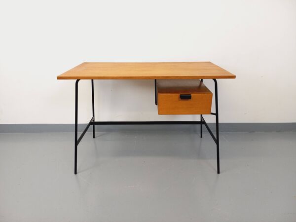 Bureau moderniste vintage Pierre Paulin en bois de chêne et métal noir