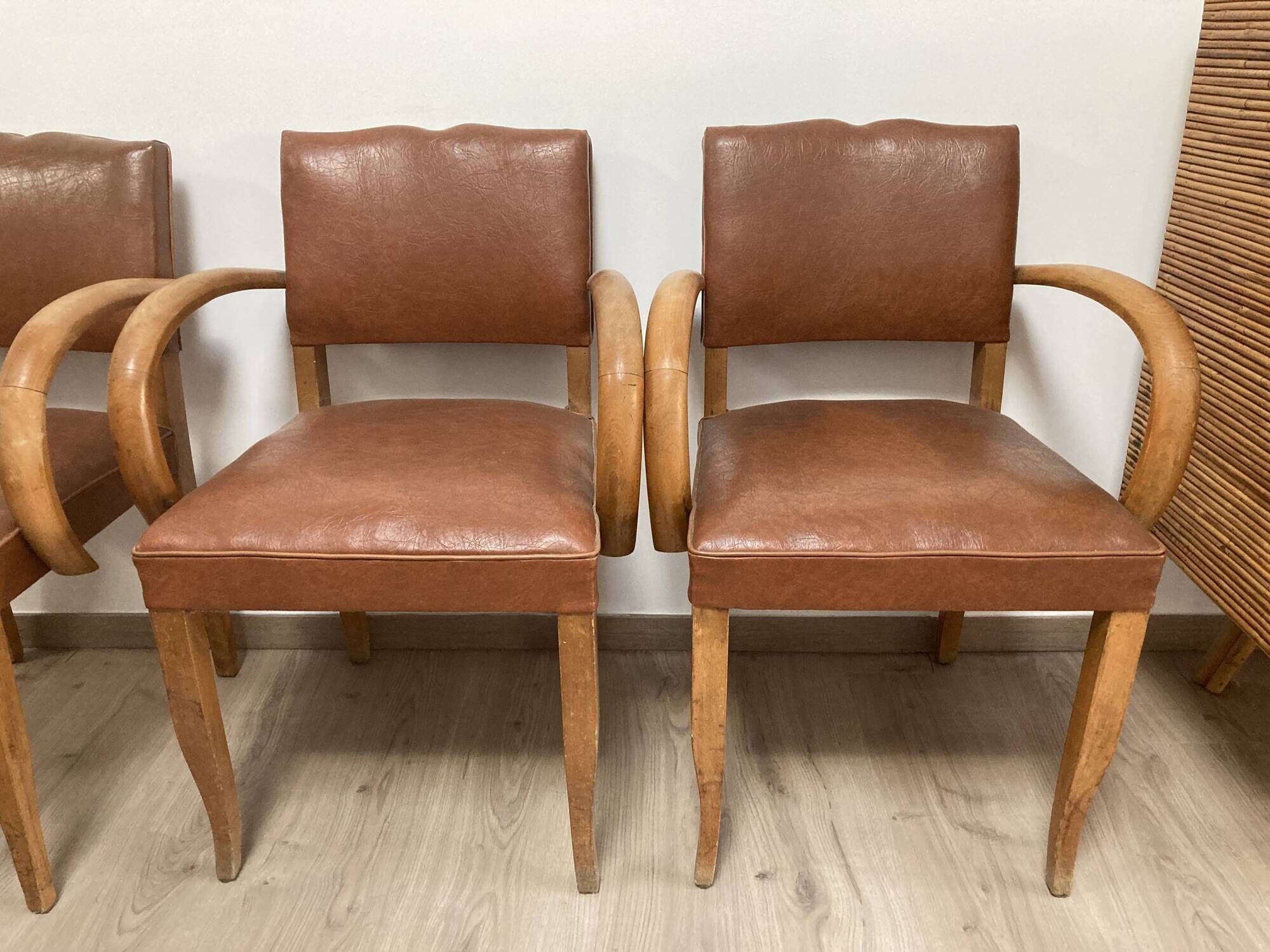 Set of 4 armchairs bridge leather and wood called "moustache" style art deco circa 1940
