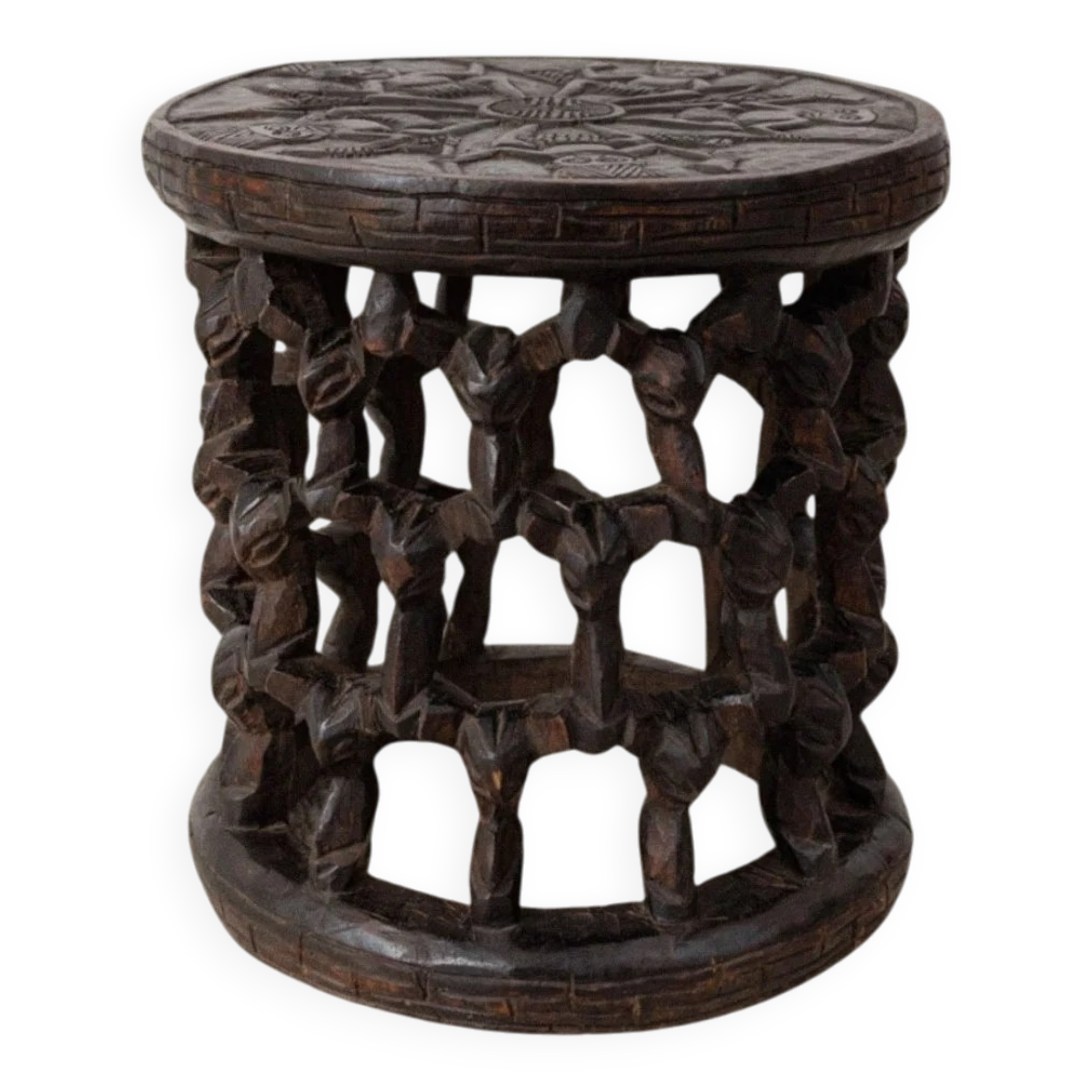 Dark brown hand-carved Bamileke stool and side table in solid wood, Cameroon, African Art, 1950s