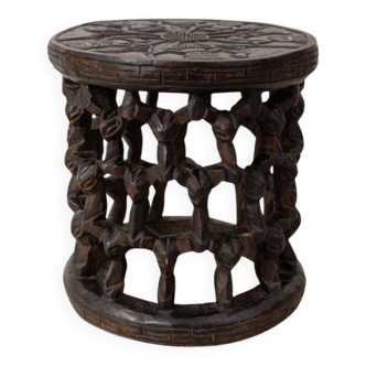 Dark brown hand-carved Bamileke stool and side table in solid wood, Cameroon, African Art, 1950s