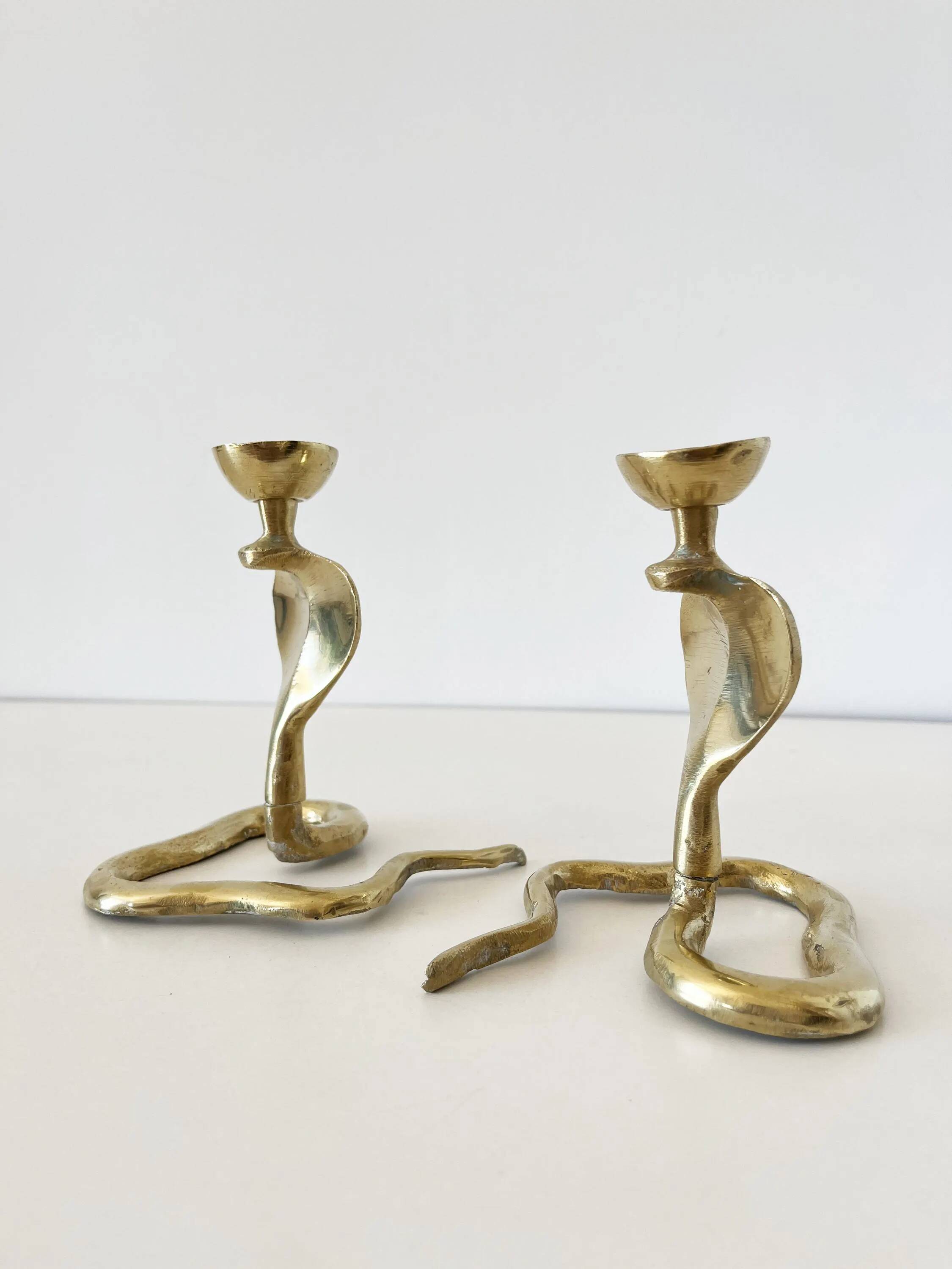 Pair of vintage brass snake candlesticks
