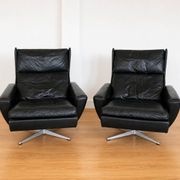 Vintage Danish Georg Thams matching black leather lounge chairs 1970s