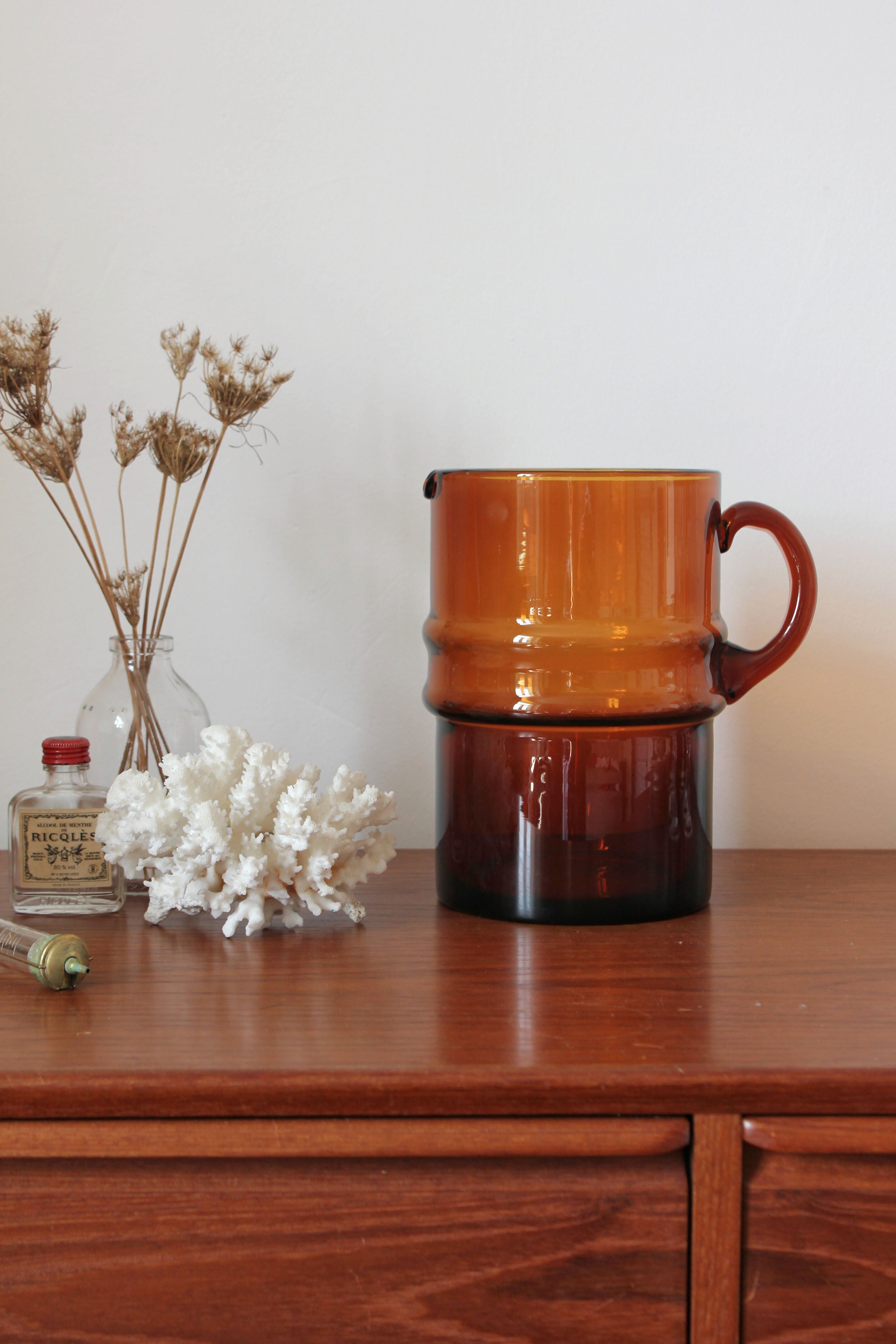 Large vintage amber glass decanter/pitcher