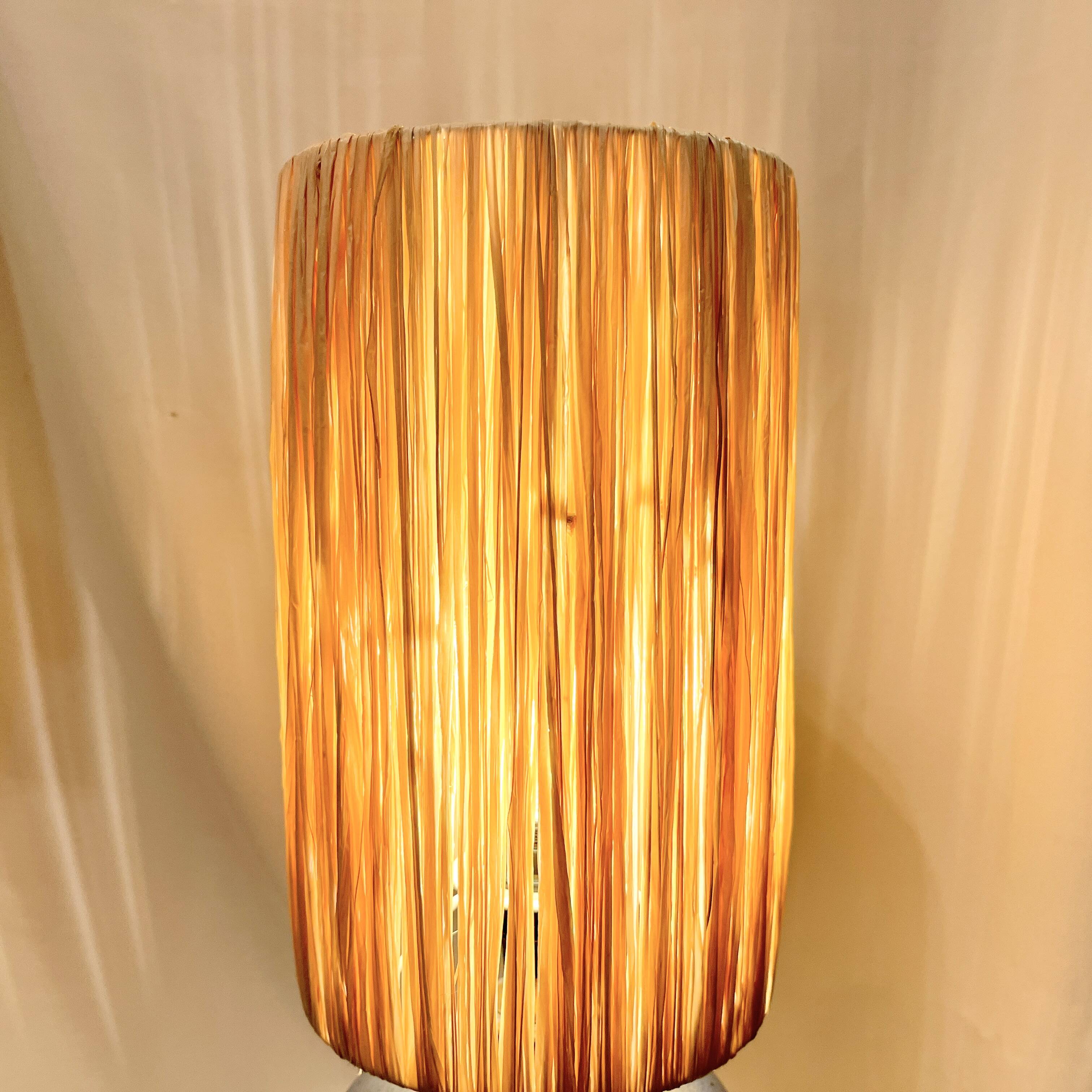 Lampe boule signé en céramique grès bleu lavande abat-jour corde ou raphia