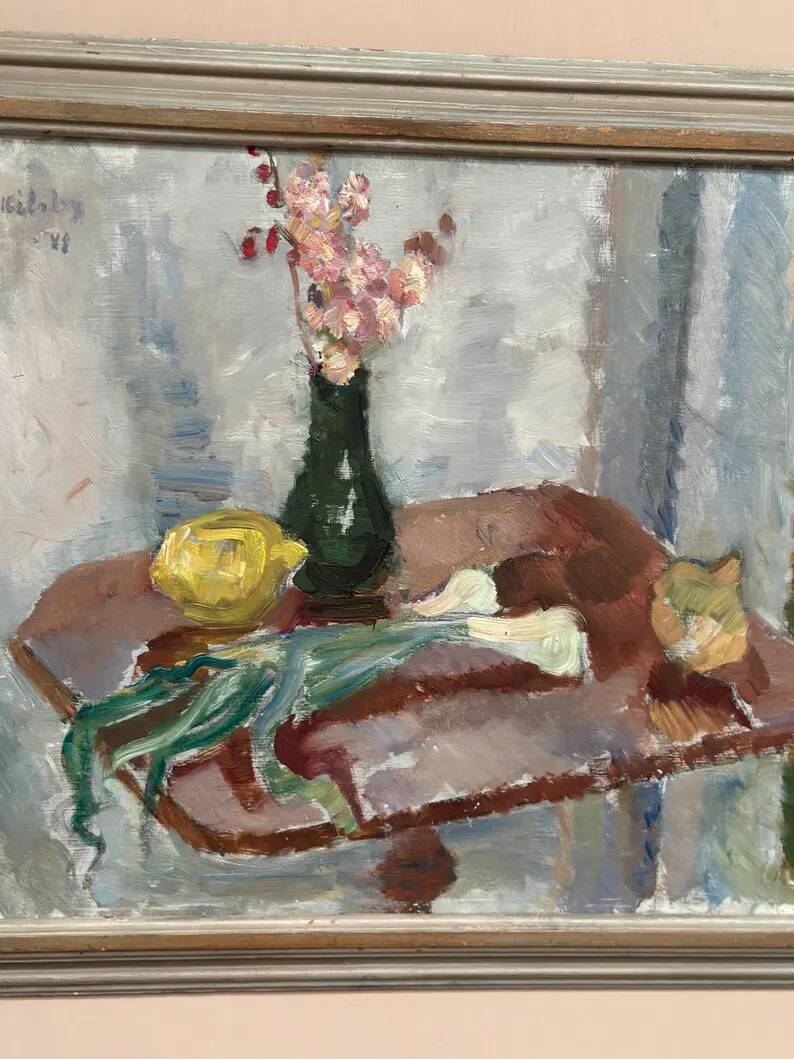 Original Swedish Oil on Panel – "Vase and Vegetables" by Arne Kilsby – Signed – Vintage and Framed – 54 × 46 cm (21.3" × 18.1")