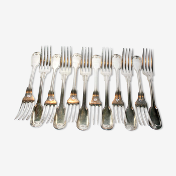 Série de 12 fourchettes de table anciennes Chinon en métal argenté Alfénide Christofle