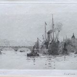Tableau gravure originale Rowland Langmaid (1897/1956) "London Bridge"