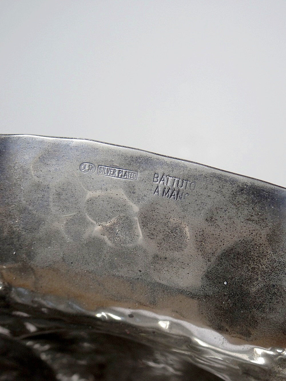 Large basin, bowl, Olri Italy vintage 1950s hammered silver.