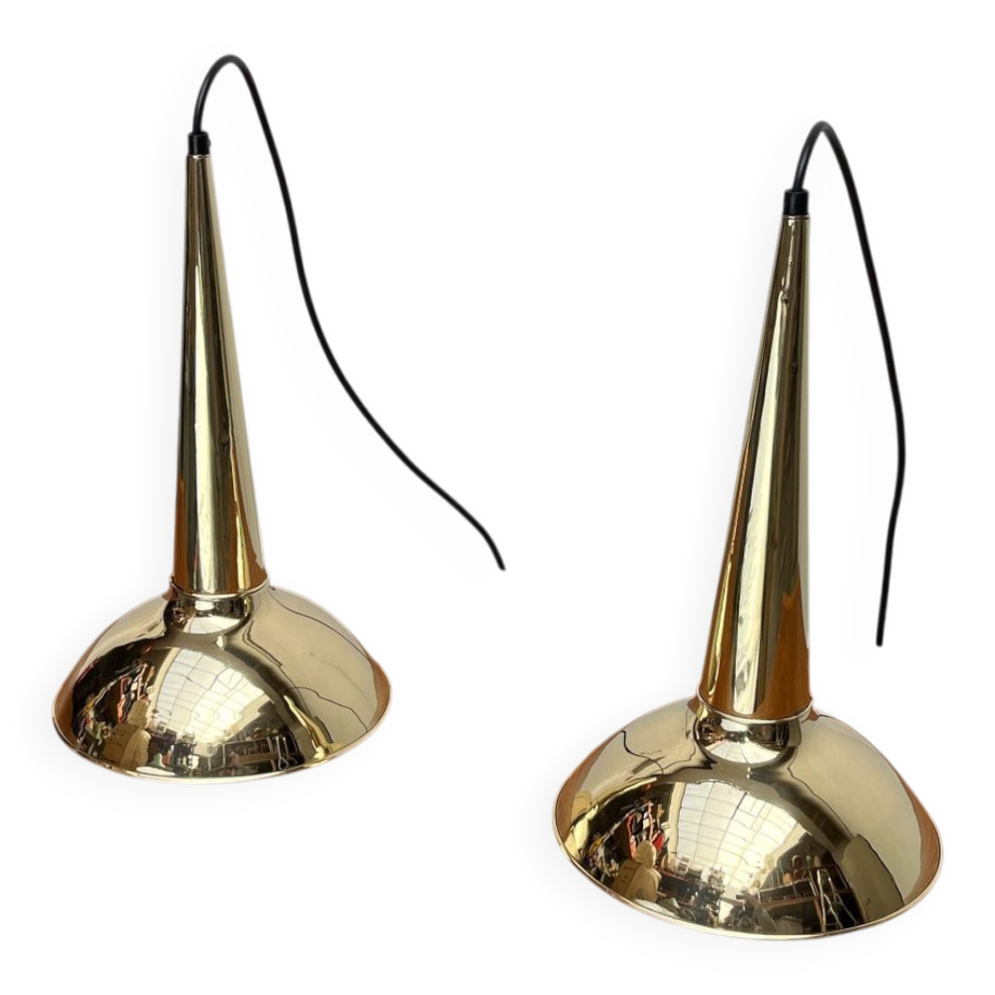 Danish mid-century brass cone pendant lamps, 1950s, set of 2.