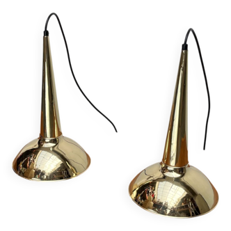 Danish mid-century brass cone pendant lamps, 1950s, set of 2.