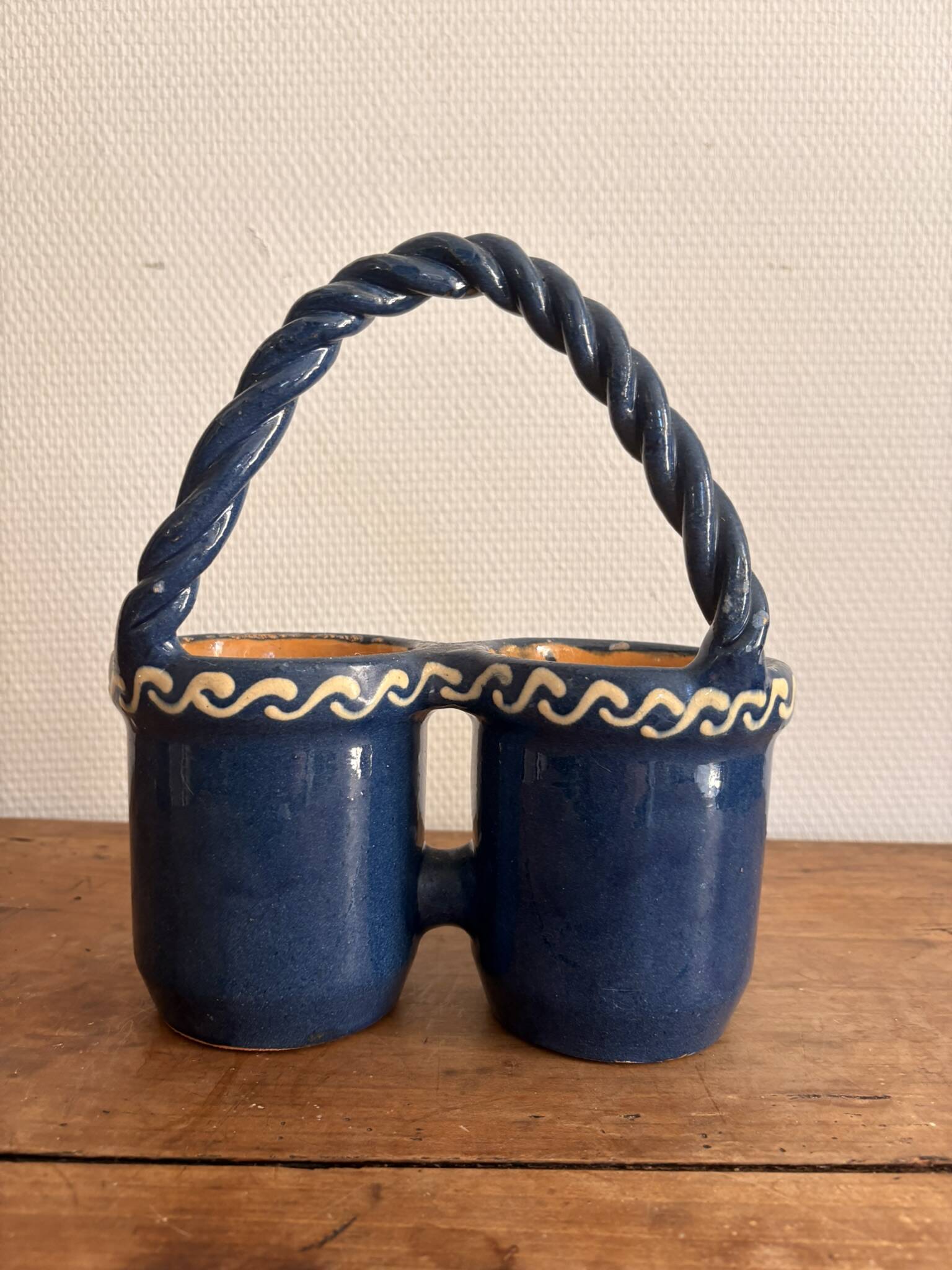 Double Pot Pottery Ceramic Terracotta Blue Bird Alsace Twisted Handle