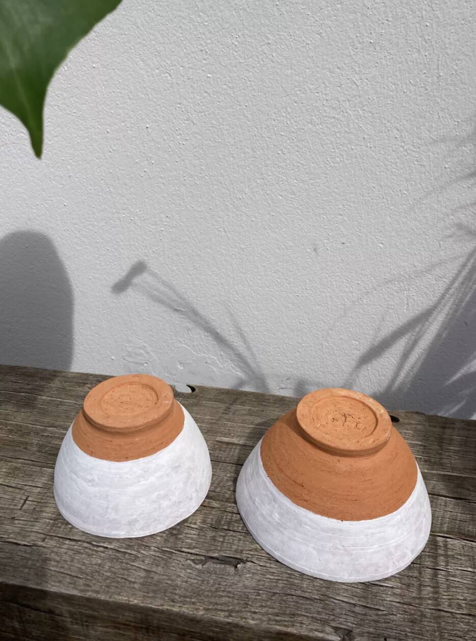 Duo of white ceramic pottery bowls wabi sabi