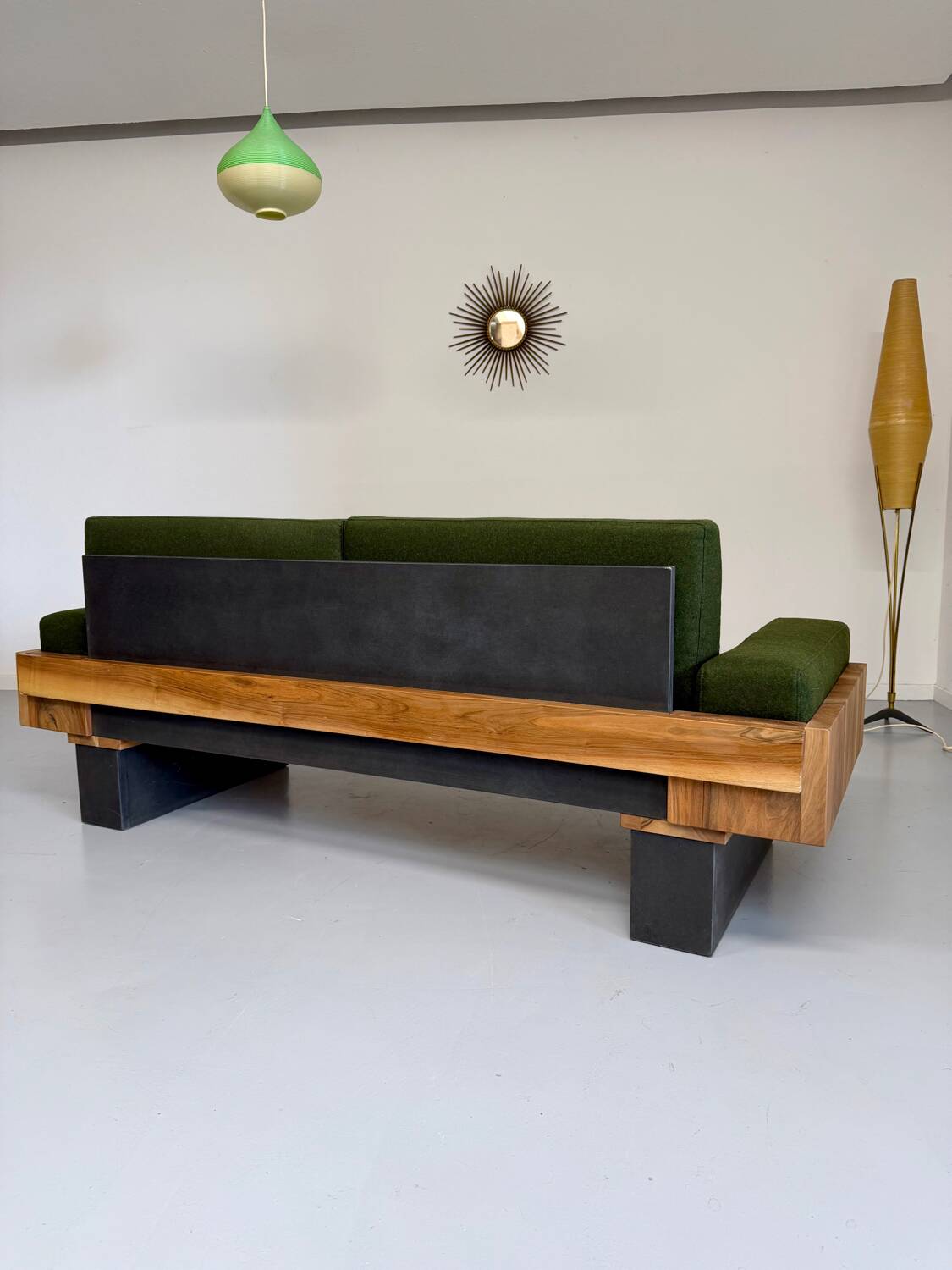 Vintage 3-seater sofa, green, solid wood, 70s/80s design