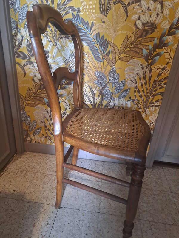 Paire de Chaises Bistrot bois blond 1950 avec assise en cannage