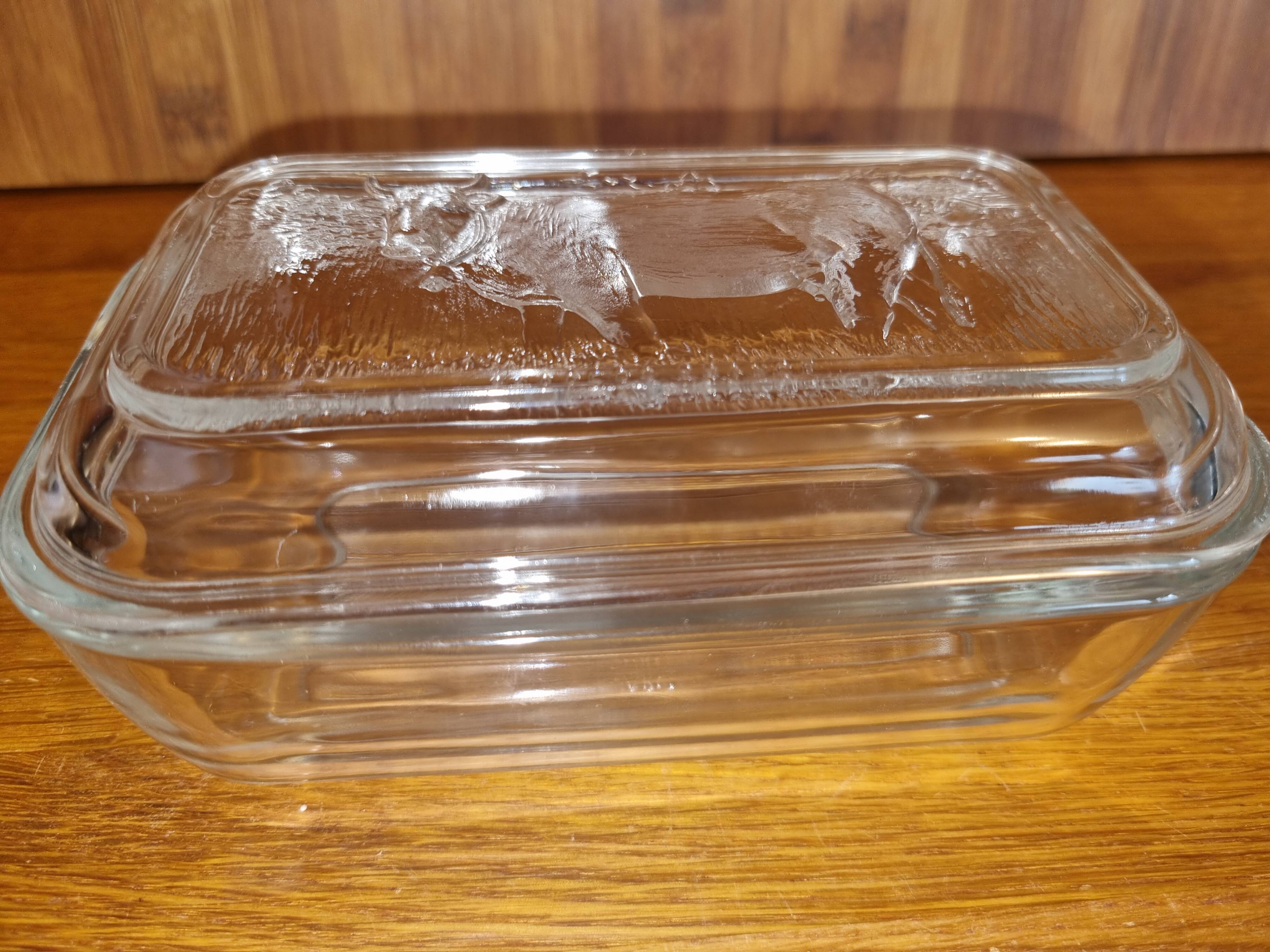 Beurrier en verre Arcoroc décor vache. vintage