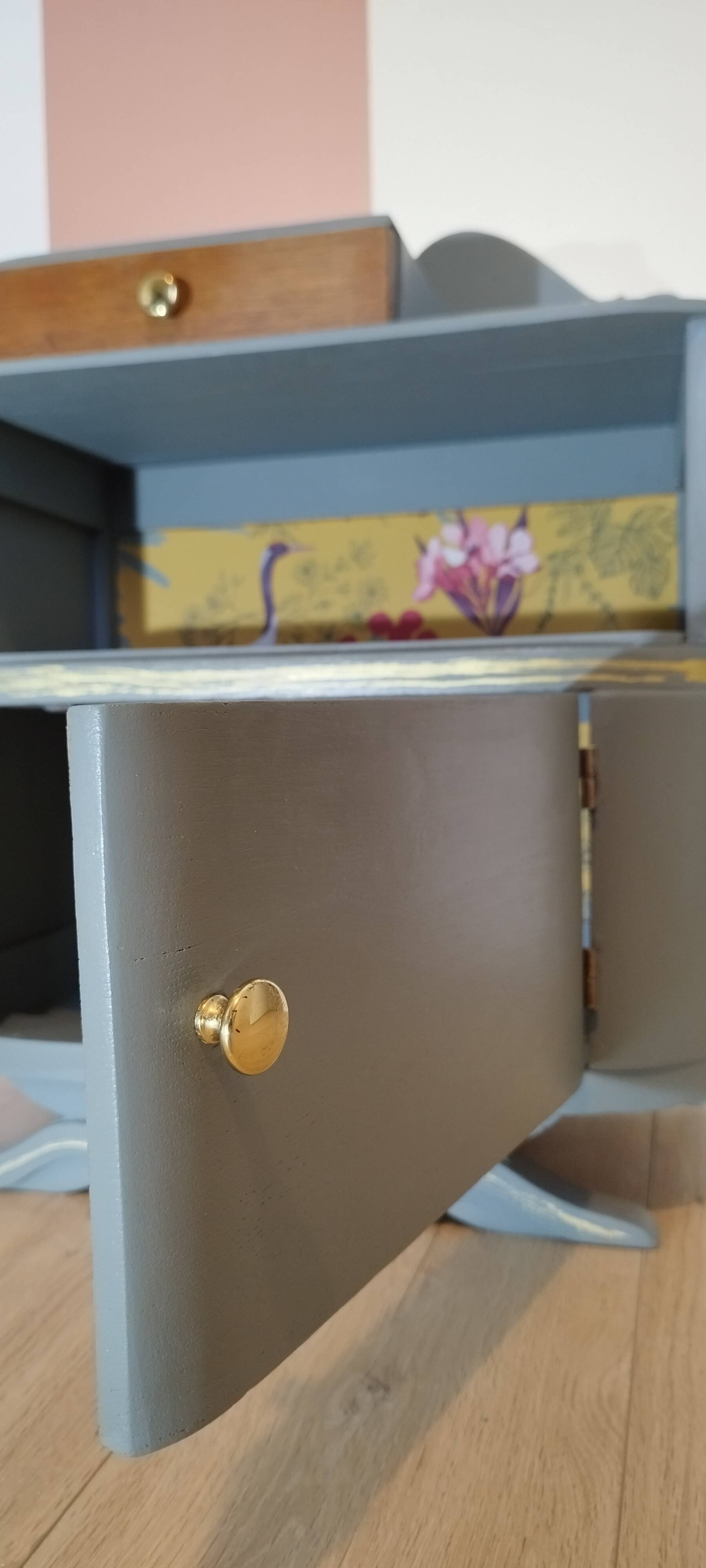 Art deco style bedside table - asymmetrical mustache foot