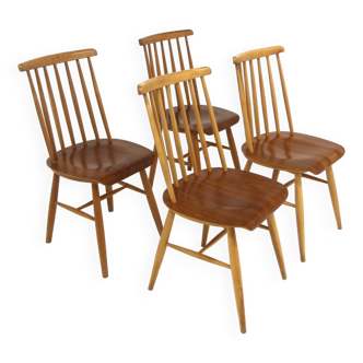 Set of 4 Scandinavian "Pinnstol" beech chairs, Sweden, 1960