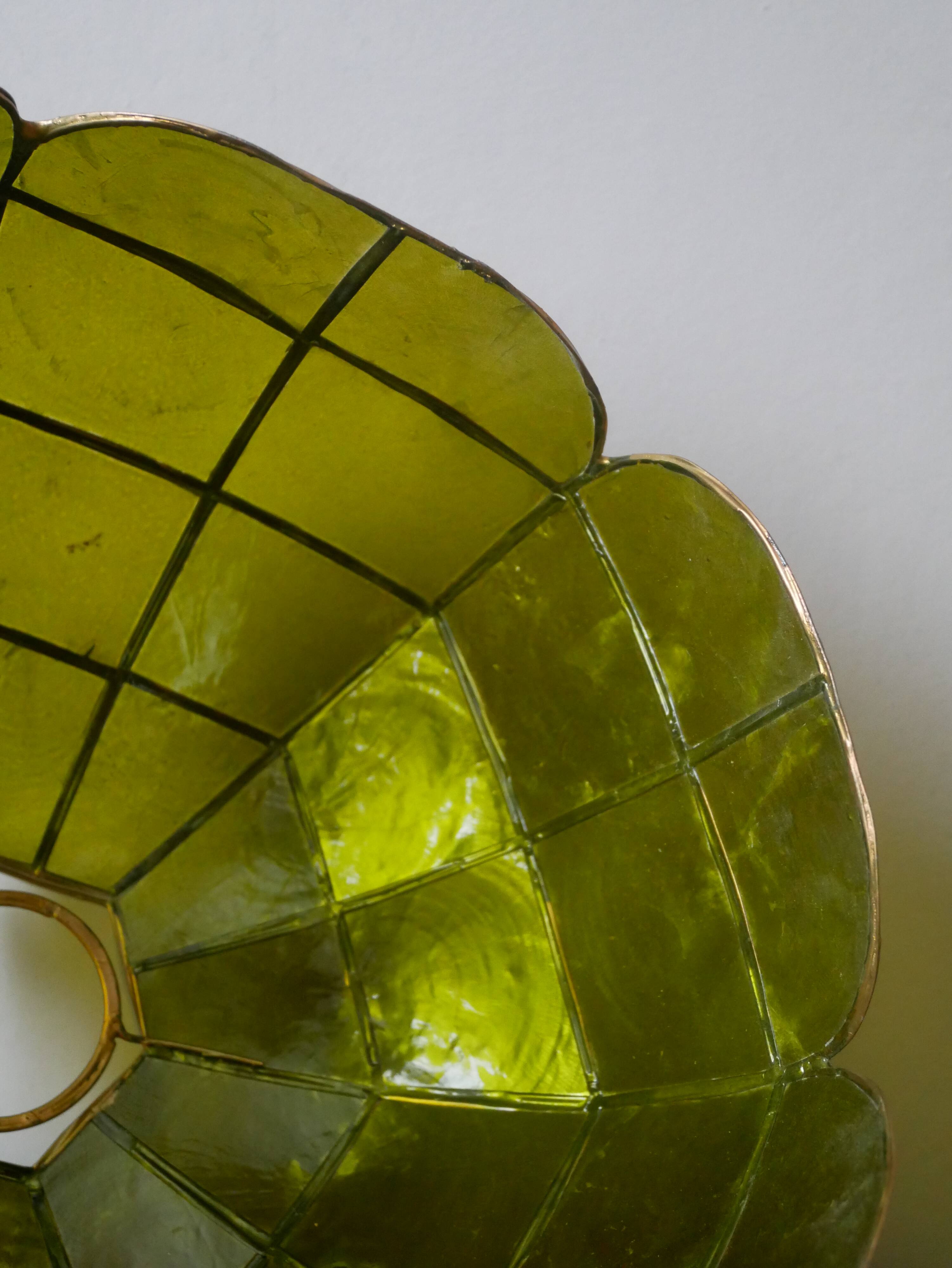 Vintage green and gold mother-of-pearl and brass pendant lampshade, bohemian country decoration