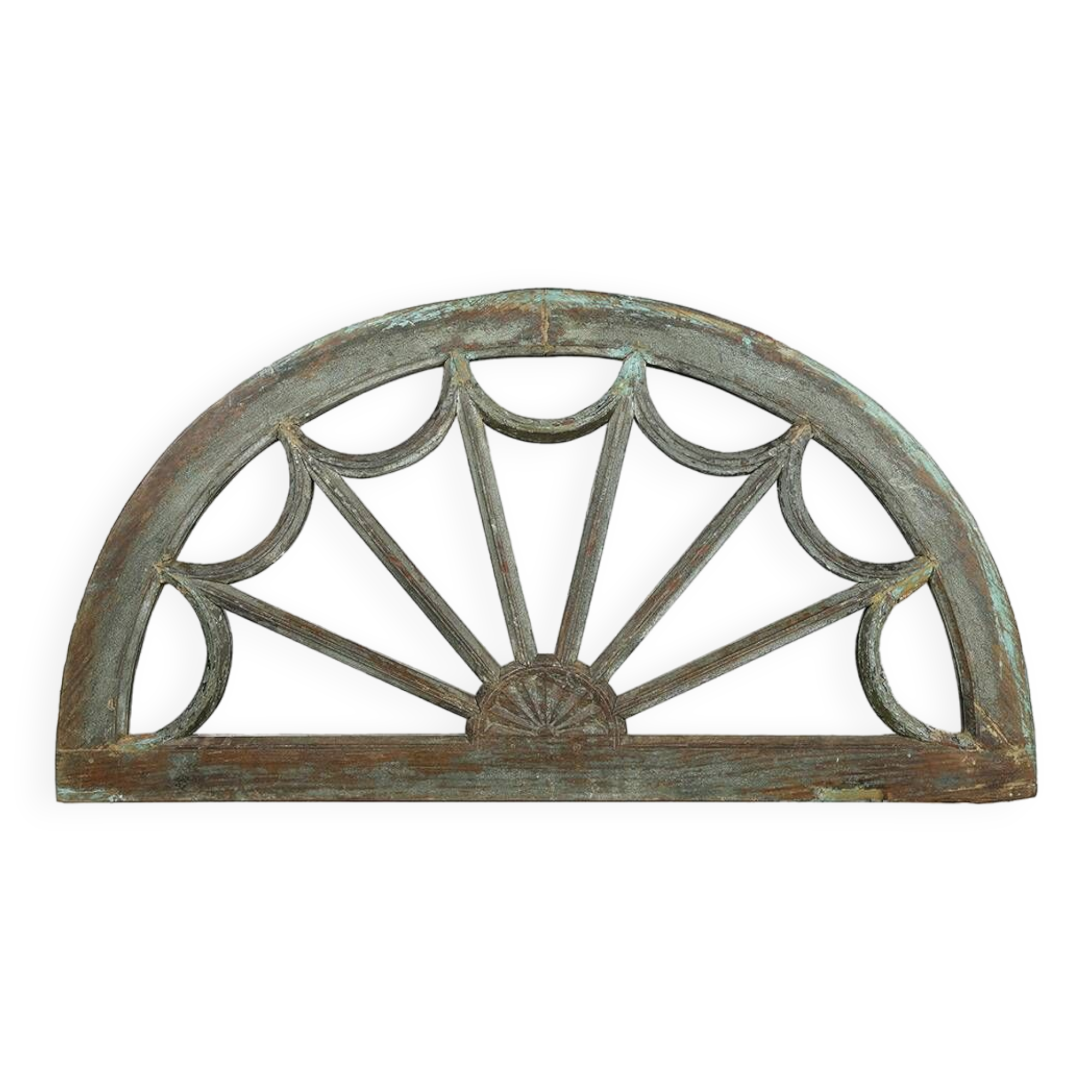 Half-moon patinated solid wood mirror